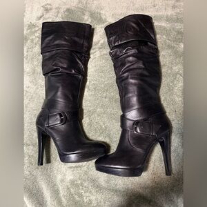INC International Concepts Leather Sleek Black Heeled Boots